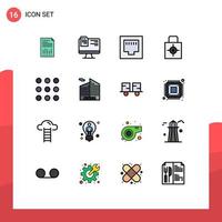 Pack of 16 Modern Flat Color Filled Lines Signs and Symbols for Web Print Media such as security lock pad file key ethernet Editable Creative Vector Design Elements