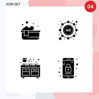 conjunto moderno de 4 glifos y símbolos sólidos, como bañera, horno, baño relajante, estrategia de cocina, elementos de diseño vectorial editables vector