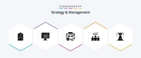 Strategy And Management 25 Glyph icon pack including team. group. kpi. manufacturing. setting vector