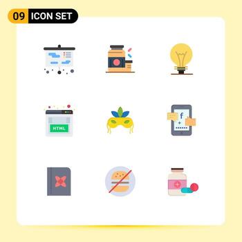 Modern Set of 9 Flat Colors Pictograph of mask seo supplement html lightbulb Editable Vector Design Elements