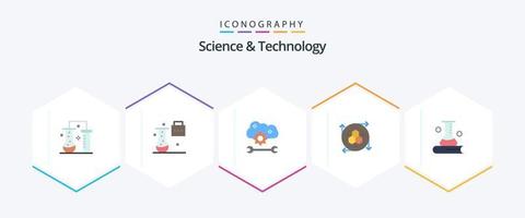 ciencia y tecnología 25 paquete de iconos planos que incluye información científica. ciencia y educación. servicio de aplicaciones en la nube. herramienta de modelado API de modelado vector