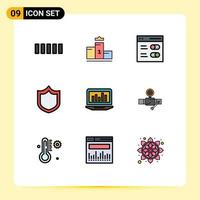 Mobile Interface Filledline Flat Color Set of 9 Pictograms of monitoring graph interface laptop protection Editable Vector Design Elements