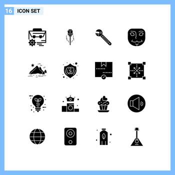 Mobile Interface Solid Glyph Set of 16 Pictograms of mask anonymous level tool tool Editable Vector Design Elements