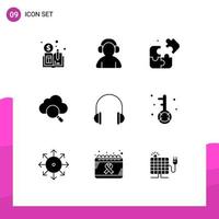 Mobile Interface Solid Glyph Set of 9 Pictograms of sound headset puzzle headphones research Editable Vector Design Elements