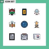 Group of 9 Filledline Flat Colors Signs and Symbols for location pencil phone idea heard Editable Vector Design Elements