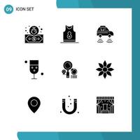 9 Thematic Vector Solid Glyphs and Editable Symbols of glass drinking car drink wifi Editable Vector Design Elements