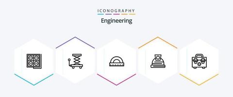 paquete de iconos de ingeniería de 25 líneas que incluye bolsa. construcción. cortar con tijeras. arquitectura. gobernante vector