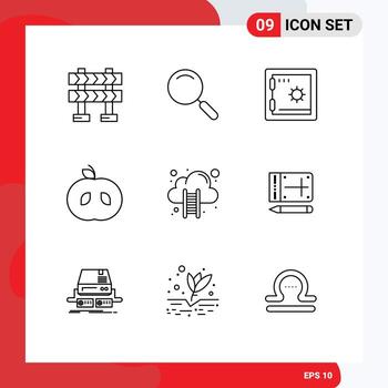 Pictogram Set of 9 Simple Outlines of mobile data cloud deposit cloud hosting fruit Editable Vector Design Elements