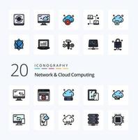 20 paquetes de iconos de color llenos de línea de red y computación en la nube como conexión de tecnología de servidor de nube de imagen vector