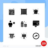 Group of 9 Modern Solid Glyphs Set for money human cooking energy body Editable Vector Design Elements