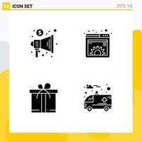 Pack of 4 Modern Solid Glyphs Signs and Symbols for Web Print Media such as advertising gift trade gear motivation Editable Vector Design Elements