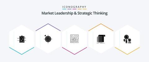 Market Leadership And Strategic Thinking 25 Glyph icon pack including invoice. file. arrow. puzzel. marketing vector