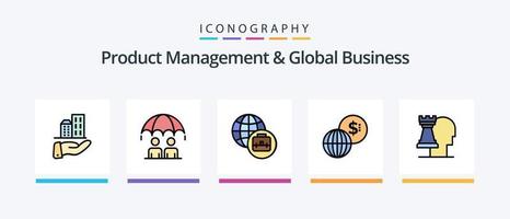 la gestión de productos y la línea de negocios global llenaron un paquete de 5 íconos que incluye negocios. marketing. negocio. global. marketing global. diseño de iconos creativos vector