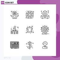 Group of 9 Outlines Signs and Symbols for romantic dinner coding date programing Editable Vector Design Elements