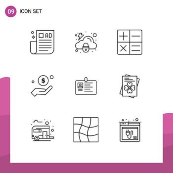 Mobile Interface Outline Set of 9 Pictograms of corporate card calculator help hand Editable Vector Design Elements