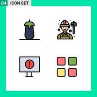 Group of 4 Filledline Flat Colors Signs and Symbols for brinjal computer food engineer warning Editable Vector Design Elements