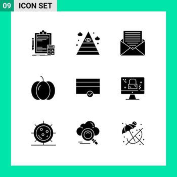 Set of 9 Vector Solid Glyphs on Grid for vegetables halloween triangle food envelope Editable Vector Design Elements