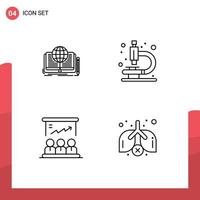 grupo de 4 signos y símbolos de colores planos de línea rellena para escribir elementos de diseño de vectores editables del equipo de microscopio de la historia del tablero