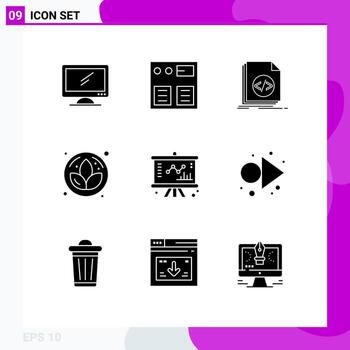 9 conjunto de glifos sólidos universales para aplicaciones web y móviles, compras de flores comerciales, programación de loto, elementos de diseño vectorial editables vector