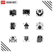 9 User Interface Solid Glyph Pack of modern Signs and Symbols of clock cupcake hands cake finance Editable Vector Design Elements