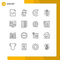 Universal Icon Symbols Group of 16 Modern Outlines of development coding time machine code money Editable Vector Design Elements