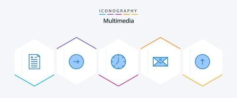 paquete multimedia de 25 iconos azules que incluye flecha. mensaje. reloj. correo. sobre vector