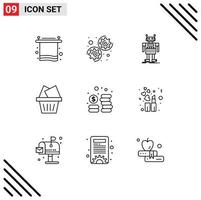 conjunto moderno de 9 contornos y símbolos, como dinero en efectivo, caja de Android, carro, elementos de diseño vectorial editables vector