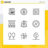 9 User Interface Outline Pack of modern Signs and Symbols of creative travel cake transportation seats Editable Vector Design Elements