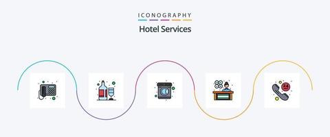 la línea de servicios del hotel llenó el paquete de iconos planos 5 que incluye la llamada. recepción. ropa. gerente. mujer gerente vector