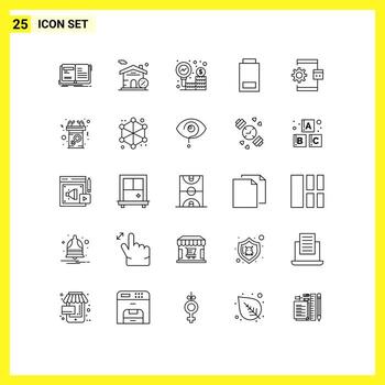 Mobile Interface Line Set of 25 Pictograms of coding status business low battery Editable Vector Design Elements