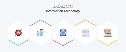 paquete de 25 iconos planos de tecnología de la información que incluye . administración. ventilador. datos. servidor vector