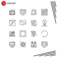 Mobile Interface Outline Set of 16 Pictograms of edit browser education webpage internet Editable Vector Design Elements