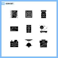 Pack of 9 Modern Solid Glyphs Signs and Symbols for Web Print Media such as pin location beach wallet fashion Editable Vector Design Elements