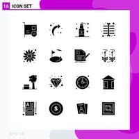 Group of 16 Modern Solid Glyphs Set for sun flower carnival bomb skeleton xray chest Editable Vector Design Elements