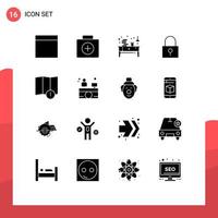 Set of 16 Vector Solid Glyphs on Grid for warning alert drawer secure password password Editable Vector Design Elements