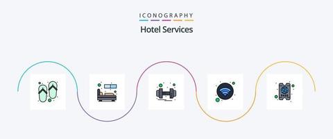 Hotel Services Line Filled Flat 5 Icon Pack Including pass. wifi. dumbbell. internet. free vector