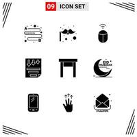 Pack of 9 Modern Solid Glyphs Signs and Symbols for Web Print Media such as stool home computer furniture paper Editable Vector Design Elements