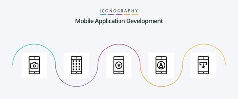 paquete de iconos de la línea 5 de desarrollo de aplicaciones móviles que incluye la aplicación. aplicación movil. solicitud. móvil. corazón vector