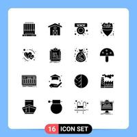 Pack of 16 Modern Solid Glyphs Signs and Symbols for Web Print Media such as february heart online crepe food Editable Vector Design Elements