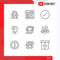 Modern Set of 9 Outlines Pictograph of head brain music tick check Editable Vector Design Elements