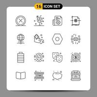 Modern Set of 16 Outlines Pictograph of processing file drink document setting Editable Vector Design Elements