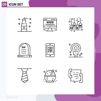 Modern Set of 9 Outlines Pictograph of rip graveyard open grave store Editable Vector Design Elements
