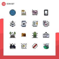 Pack of 16 Modern Flat Color Filled Lines Signs and Symbols for Web Print Media such as android smart phone public phone music Editable Creative Vector Design Elements