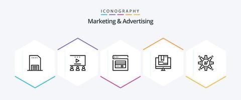 Marketing And Advertising 25 Line icon pack including technology. online. video tutorials. e. marketing vector