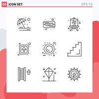 Mobile Interface Outline Set of 9 Pictograms of eco sun easel signs forward Editable Vector Design Elements