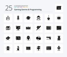 Gaming Genres And Programming 25 Solid Glyph icon pack including viking. battle. racing. time. clockwise vector