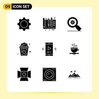 Solid Glyph Pack of 9 Universal Symbols of movie screen snacks love tools popcorn setting Editable Vector Design Elements