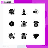 Pack of 9 creative Solid Glyphs of laboratory chemical sun aim target Editable Vector Design Elements