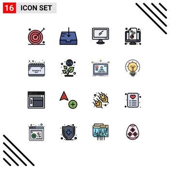 Group of 16 Flat Color Filled Lines Signs and Symbols for document monitor computer computer pc Editable Creative Vector Design Elements