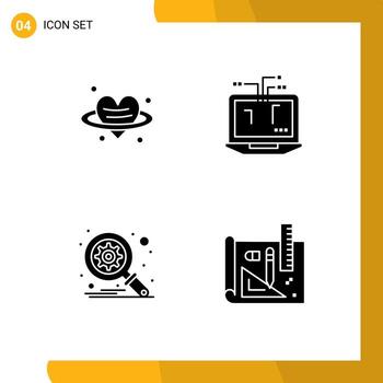 4 Universal Solid Glyphs Set for Web and Mobile Applications heart optimization valentines day laptop art Editable Vector Design Elements